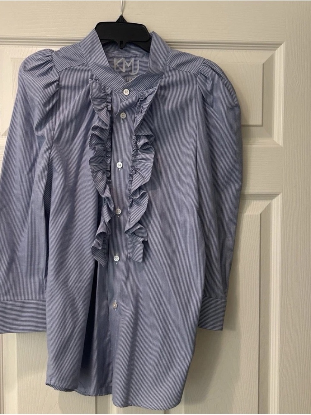 KMJ Ruffled Pinstripe Button-Down Blouse in Light Blue
